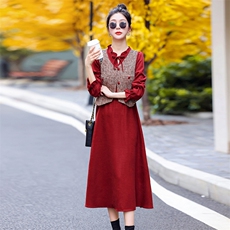 红色小香风马甲连衣裙女2025新款入春穿搭一整套高级感，女装连衣裙，意芙