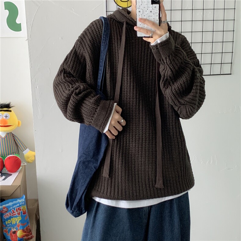港风新款宽松休闲中性情侣连帽潮流纯色毛衣男外套慵懒风W01/P70,男装针织衫/毛衣,电商A221A
