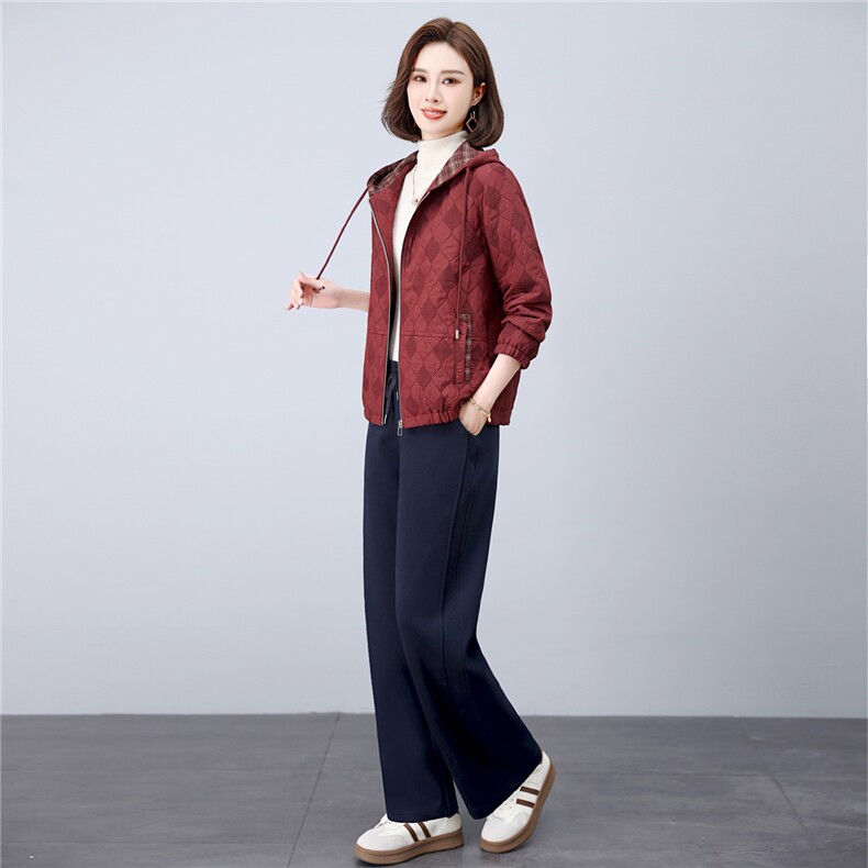 长期现货妈妈春秋早冬夹棉服时尚格子连帽外套短中老年两件套装女,女装套装/套裙,璐依舞