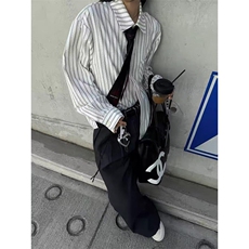 美式潮牌高街复古泡泡纱竖条纹日系肌理长袖衬衫男女休闲宽松衬衣，男装衬衫，电商A486