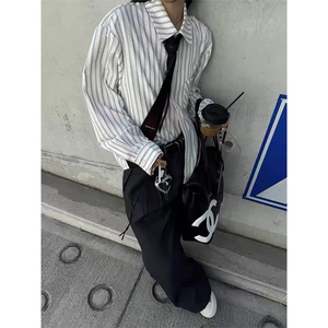 美式潮牌高街复古泡泡纱竖条纹日系肌理长袖衬衫男女休闲宽松衬衣