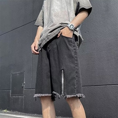 日系宽松版牛仔短裤男薄款夏季美式vibe高街潮牌宽松毛边五分裤超，男装牛仔裤，星座601-2