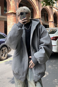 双拉链设计秋冬宽松连帽毛呢卫衣开衫男女外套B289-Z0365-P125图片
