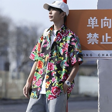 DC203男女中性风东北大花短袖衬衫衬衣外套民族风汉服团队服，男装T恤，星座115A(原星座507）