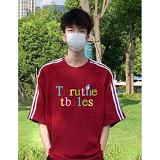 抖音得物高品质二开240克宽松纯棉美式潮牌三条杠织带短袖T恤，男装T恤，电商A486