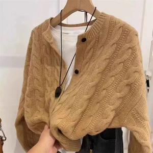 圆领麻花加厚100%纯羊毛开衫女高级感宽松慵懒风羊绒外套针织毛衣图片