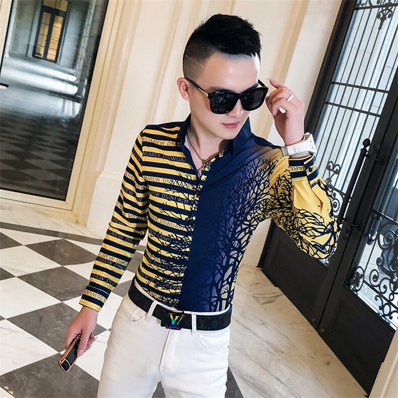 2021春秋衬衫社会男长袖上衣印花男装韩版修身四季潮流衬衣Q606-P55图片