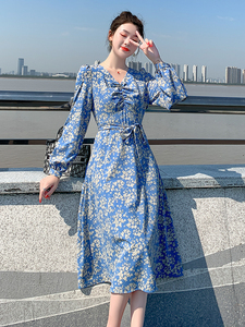 新款碎花连衣裙设计感气质收腰显瘦法式系带长裙子中国2025图片
