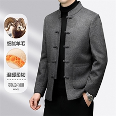 高端羊毛双面呢羽绒服唐装大衣男中年秋冬风双面呢羽绒服外套，男装羽绒服，钱塘723
