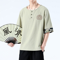 夏季风刺绣棉麻亚麻绣花复古五分袖t恤短袖上衣9309-P40，男装T恤，星座1105-3
