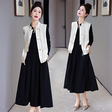 现货新中式套裙女2024年春季新款提花复古盘扣马甲连衣裙两件套，女装套装/套裙，火爆靓佳人