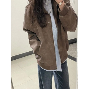 美式复古棕色翻领外套女春秋款仿麂皮绒情侣夹克上衣FJK224图片