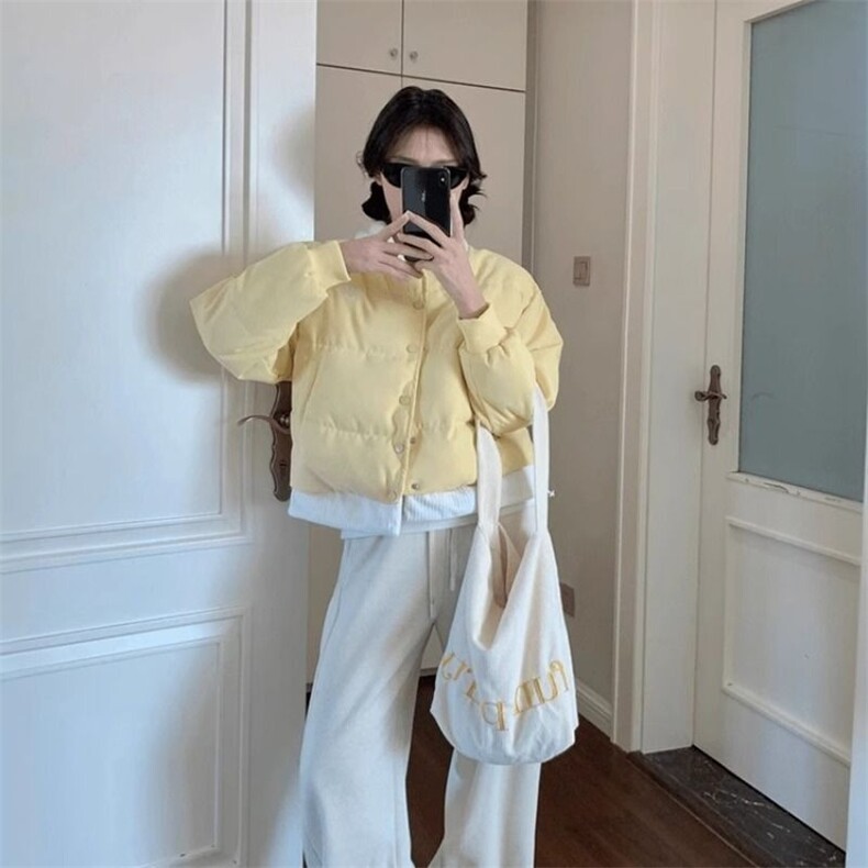 新款韩系温柔奶黄色撞色假两件翻领棉服女2025秋冬宽松面包服棉衣,男装棉衣,星座1210-1