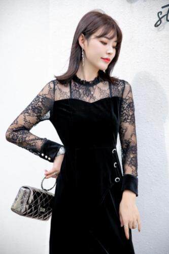 金丝绒搭配蕾丝连衣裙五个码M、乚、XL、XXL、XXX，女装连衣裙，拉思维加丝