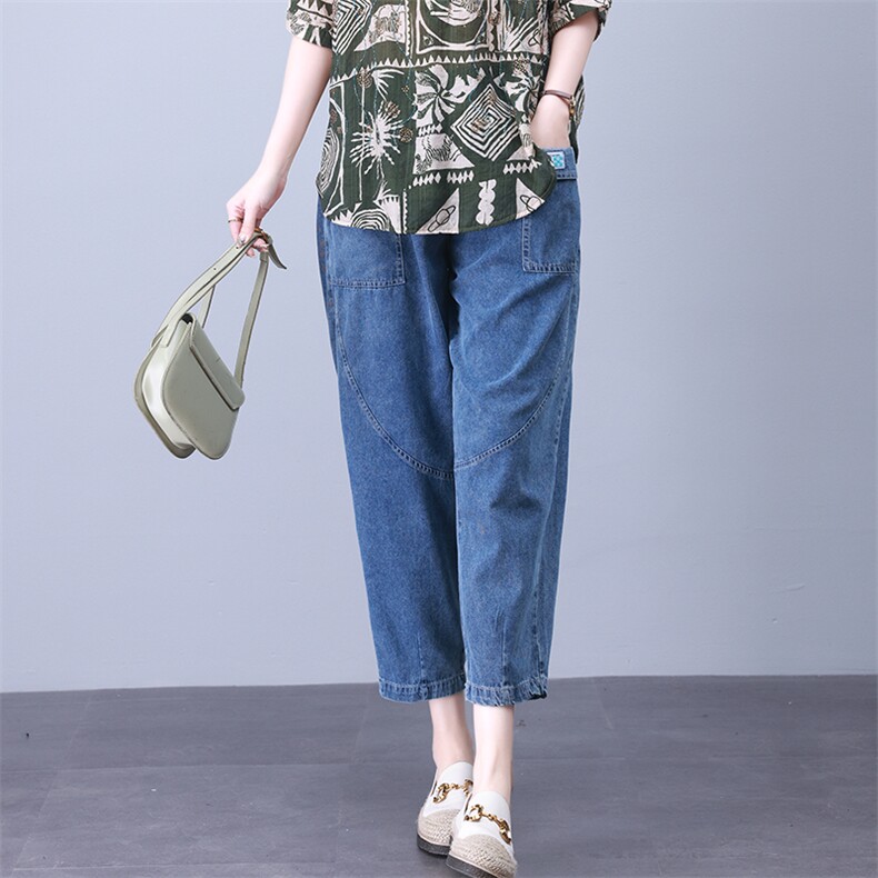 时尚宽松拼接水洗牛仔裤女高腰显瘦百搭休闲九分裤,女装牛仔裤,叶笙衣