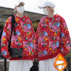 B203冬新套头圆领东北大花风民族特色加绒保暖卫衣小衫男女潮图片