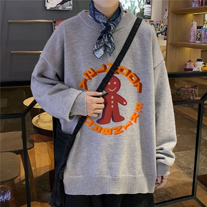 1港风日系宽松休闲情侣套头印花加厚毛衣男外套7693P48加绒P55图片