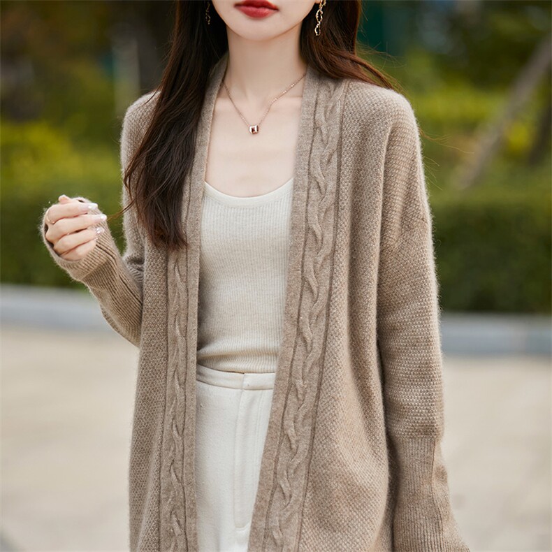 V领扭花100%纯羊毛开衫女中长款针织毛衣外套宽松羊绒衫外搭上衣,女装羊毛衫,狄美羊绒