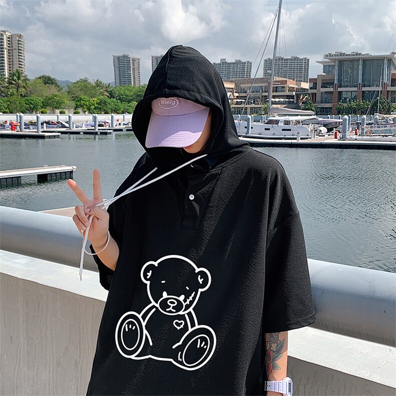 LD54174-P45连帽短袖t恤男大码胖子带帽五分袖中袖,男装T恤,电商A040