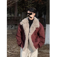 现货重磅硬挺boxy羽绒棉衣座山雕大毛毛领洗水麂皮棉服冬外套，男装棉衣，电商A486