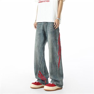 斜杠三条纹红黑撞色拼接显瘦微喇牛仔裤XZ201- S7096 P48，男装牛仔裤，星座201