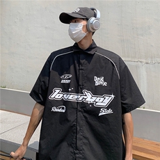 情侣装夏装新款机车字母印花织带短袖衬衫宽松男女港风潮D305P48，男装T恤，电商A335-1（原A458）