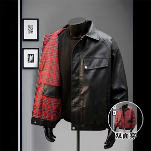 特批70秋冬数据双面穿格子皮夹克美式翻领百搭休闲服MF1056
