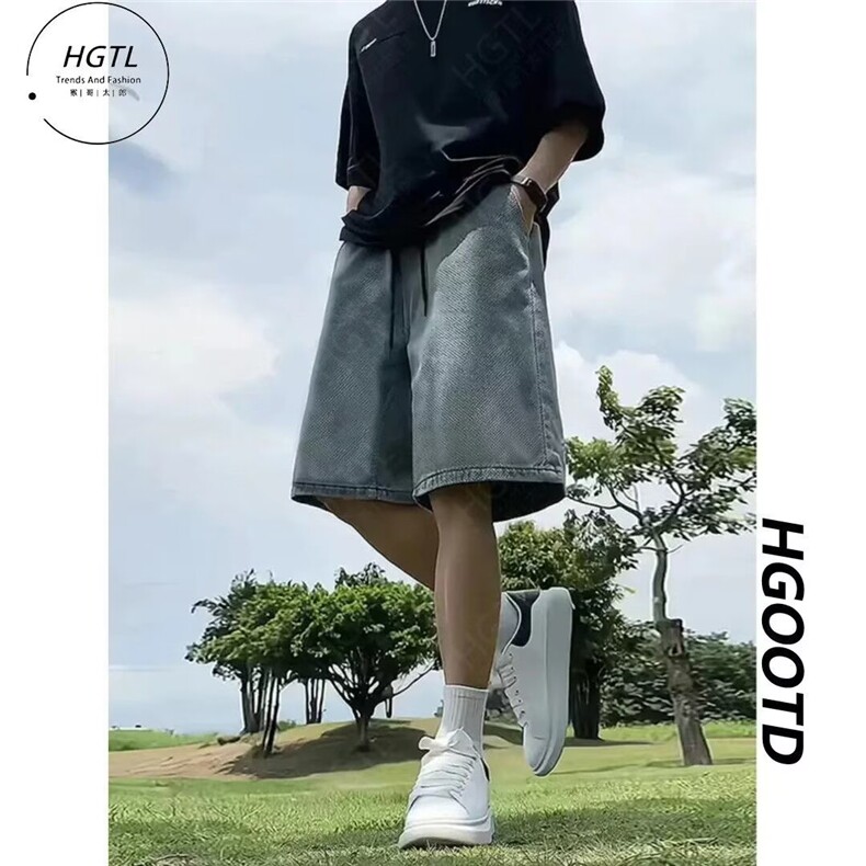 星空纹高腰牛仔短裤男夏季潮牌抽绳松紧腰裤子痞帅高级过膝五分裤,男装牛仔裤,星座1210-1