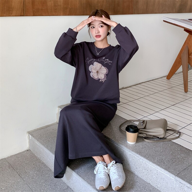 休闲运动灰色碎花卫衣半身裙套装女春秋2025新款小个子超火两件套,女装套装/套裙,2D014