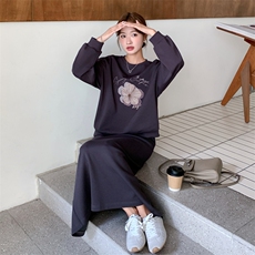 休闲运动灰色碎花卫衣半身裙套装女春秋2025新款小个子超火两件套，女装套装/套裙，2D014