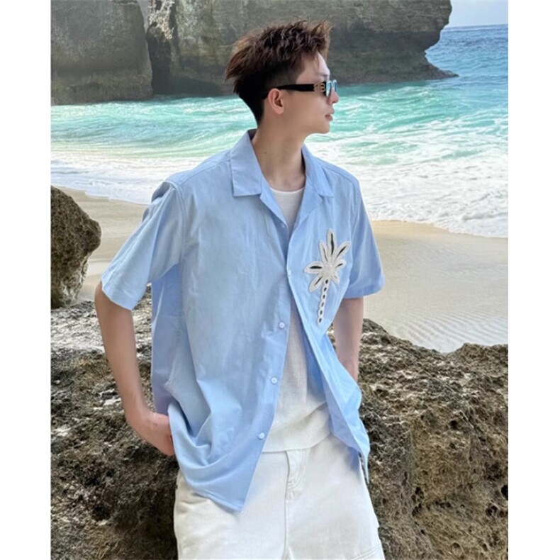 椰树刺绣短袖衬衣度假风宽松小众百搭外套短袖衬衫上衣C22541,男装T恤,星座1116A（原606A-3）