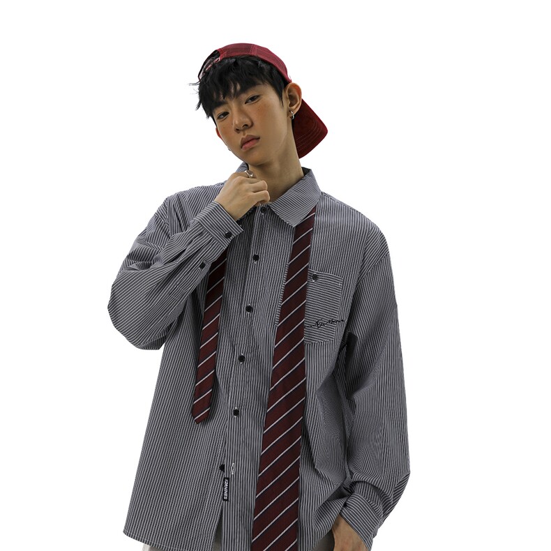 无影墙刺绣竖条纹设计蓝色大码M-5XL潮流长袖衬衫CS78097P45控68，男装衬衫，星座227-7