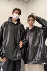 秋装港风潮美式复古压印立体情侣卫衣PU皮衣外套男女G1066P78，男装皮衣，电商A339