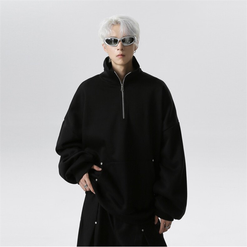 黑色美式半拉链卫衣男2025新款春秋季穿搭休闲立领外套W306-P58图片