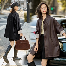 时髦皮衣外套女2025春秋新款休闲气质宽松立领PU皮夹克高级感上衣，女装皮衣，江南女神