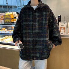 春秋日系复古毛呢潮牌格子衬衫男长袖韩版潮流情侣百搭休闲外套潮，男装夹克，星座601-2