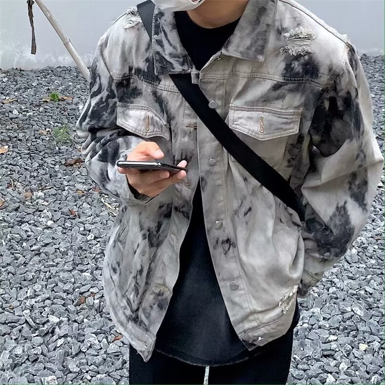 现货得物二开扎染牛仔破坏废土风痞帅cleanfit牛仔衣JK1188-P68,男装工装外套,星座1103-3