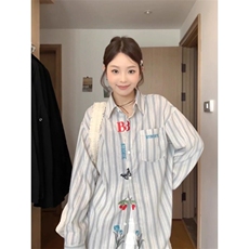 2025新款女刺绣长袖条纹衬衫白色，男装衬衫，星座506A