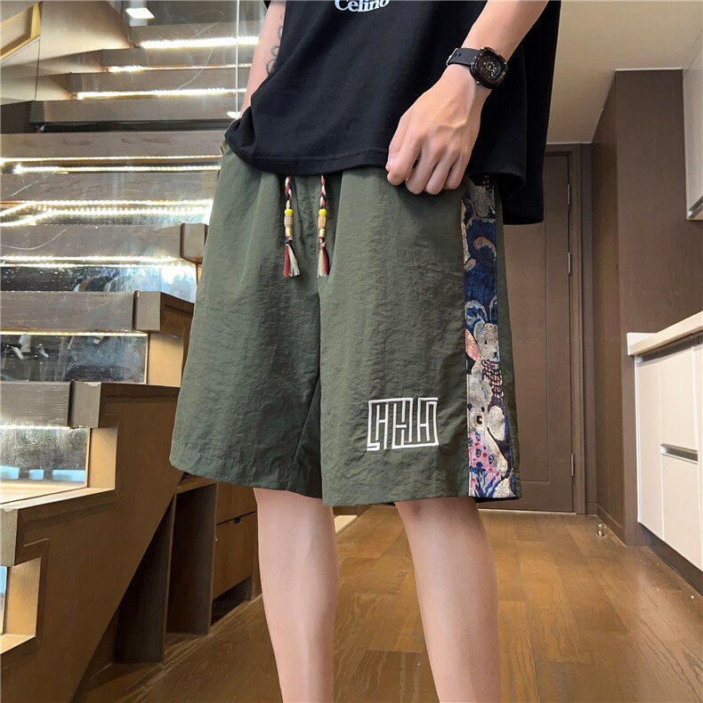 夏季速干直筒宽松高级垂感短裤潮松紧刺绣休闲裤男A436-675-P27,男装牛仔裤,电商A436