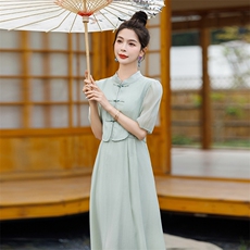 新中式雪纺旗袍连衣裙女夏季气质法式小香风显瘦遮肚裙子夏，女装连衣裙，霓裳依族