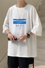 YT26033-P30亚麻短袖t恤男大码五分袖男宽松七分袖港风模特，男装T恤，电商A040