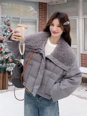 灰色羊羔毛大翻领派克羽绒服2025新款女冬复古洋气巨好看小香外套，女装羽绒服，慧尚依恋