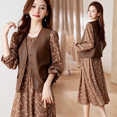 2023年秋季女时尚气质时髦皮马甲+连衣裙套装，女装套装/套裙，艾贝斯