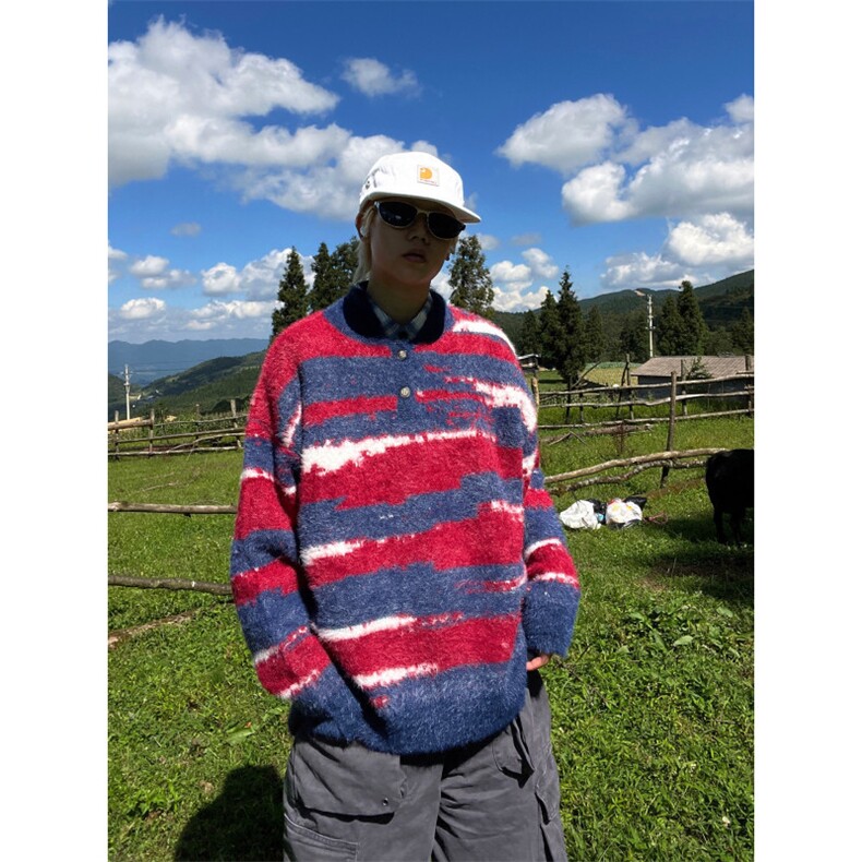 条纹仿貂毛polo领针织毛衣女秋冬美式宽松慵懒上衣MZ981-P60,男装针织衫/毛衣,星座412-3