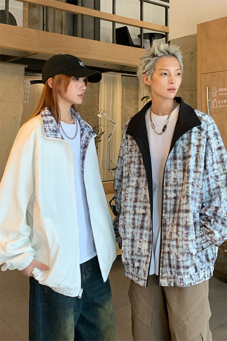 秋季新款Q2608-TP75118扎染格子休闲宽松夹克两穿百搭外套,男装夹克,电商A102