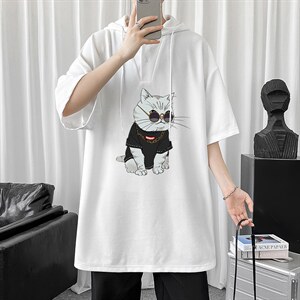 LD54044-P45 连帽短袖t恤男大码胖子带帽五分袖中袖图片
