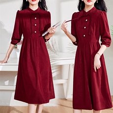 现货-新品】春装新款连衣裙2024年高腰红色气质旗袍长袖中长款裙，女装连衣裙，仁梯