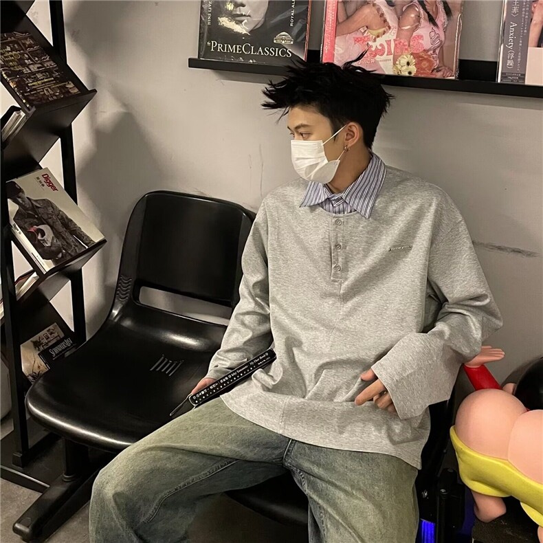 DK384-P50翻领拼接假两件长袖卫衣男春秋Polo条纹衫潮-网图现货,男装卫衣,星座603-2