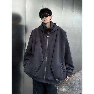 暗黑系假两件连帽卫衣男春秋季vibe美式复古宽松休闲痞帅拉链外套图片