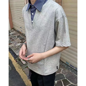 1303B-TB306-特价P40 68 假两件格子拼接结构翻领休闲短袖图片